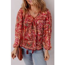 Multicolour Ethnic Paisley Print Tassel Tie Puff Sleeve Boho Blouse
