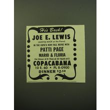 1950 Copacabana Club Ad - He's Back! Joe E. Lewis