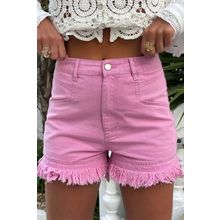 Pink Frayed Edge Mid Rise Denim Shorts