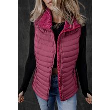 Burgundy Plush Collared Quilted Zipped Puffer Vest