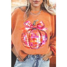 Orange Bow Pumpkin Graphic Crewneck Corded Thanksgiving Sweatshirt