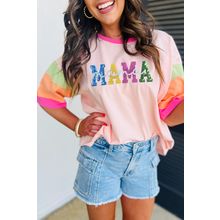 Pink Sequin MAMA Letter Graphic Color Block Patchwork Sleeve Tee