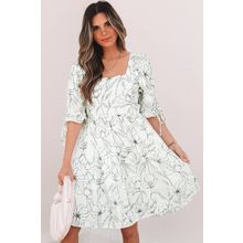 Beige Floral Print Square Neck Shirred Back Puff Sleeve Mini Dress