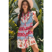 Rose Floral Mixed Pattern Ruffle Flutter Sleeve Buttoned Dress