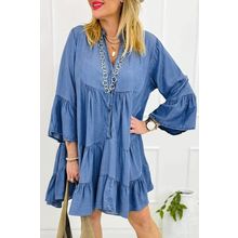 Sky Blue Chambray Ruffled 3/4 Sleeve Tiered Split V Neck Mini Dress