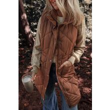 Coffee Longline Quilted Stand Collar Puffer Vest