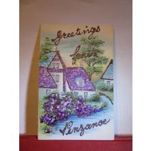 GREETINGS FROM PENZANCE, Cornwall used antique postcard Easter card. glitter=