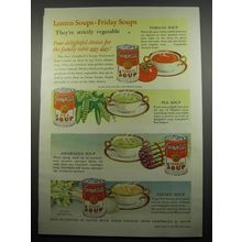 1933 Campbell's Tomato, Pea, Asparagus and Celery Soup Ad - Lenten soups Friday
