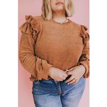 Brown Plus Size Solid Ruffled Tiered Long Sleeve Top