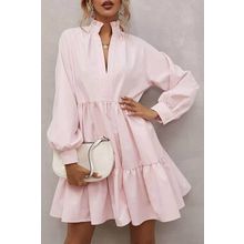 Pink Frilled Stand Collar Long Sleeve Ruffle Dress
