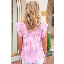 Pink Floral Embroidered Check Ruffle Flutter Sleeves Blouse