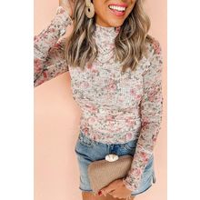 Pink Floral Long Sleeve High Neck Sheath Mesh Blouse