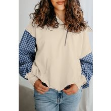 Parchment Checkered Patchwork Kangaroo Pocket Half Zipper Hoodie