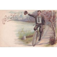 All Heil German Man On Bicycle Salute With Hat Old Postcard