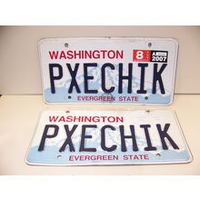 WASHINGTON VANITY CUSTOM LICENSE PLATES PXECHIK PAIR AUG 2007 EVERGREEN STATE
