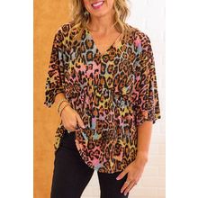 White Leopard Print Wide Sleeve Peplum Hem Blouse