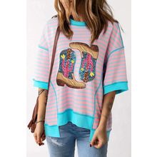 Pink Stripe Sequin Western Cactus Boots Graphic Half Sleeve T Shirt