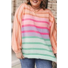 Pink Stripe Color Block Balloon Sleeve Crewneck Plus Size Sweater