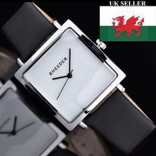 Ladies White Square Face Stainless Steel Back Black Leather Strap Watch