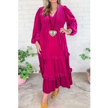 Rose Red Shirred V Neck Tiered Ruffled Velvet Plus Size Maxi Dress