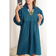Blue Sapphire Colorblock Split V Neck Puff Sleeve Mini Dress