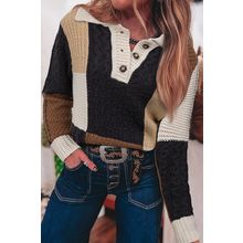 Multicolour Color Block Cable Knit Sleeve Buttons Collared Sweater