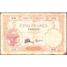 1927 Tahiti Banknote 5 Francs