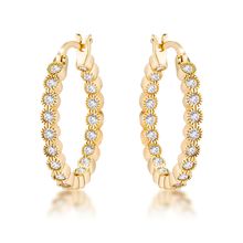 Gold Plated Dotted Clear CZ Round Bezel Hoop Earrings