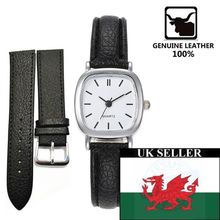 Ladies Small White Square Face Black Textured Genuine Leather Strap