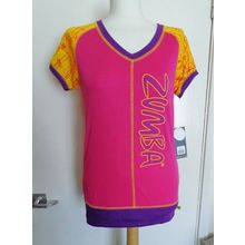 Zumba short sleeved V neck Tee Top Fuchsia Pink multi XS UK 8