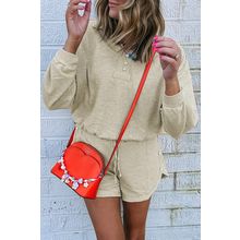 Parchment Textured Buttoned Long Sleeve Top 2 Piece Shorts Set