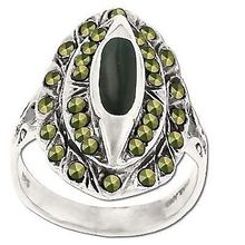 Sterling Silver Genuine 32 Marcasite & Onyx 3-Tiered Ring