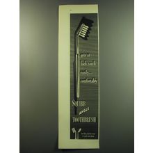 1949 Squibb Angle Toothbrush Ad - gets at back teeth easily comfortably