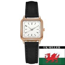 Ladies Small 2.3 cm White Square Face Steel Back Black Suedette Strap Watch