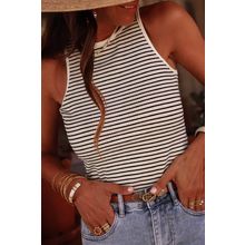 White Striped Print Ribbed Knit Sleeveless Top