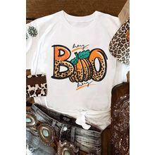 White BOO Pumpkin Leopard Print Crew Neck T Shirt