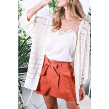 White Pointelle Knit Bracelet Sleeve Open Cardigan