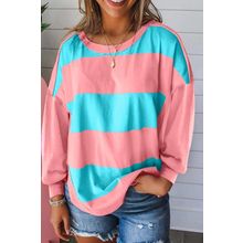 Light Blue Colorblock Striped Drop Shoulder Loose Top