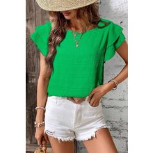 Dark Green Textured Ruffled Sleeve Round Neck Top
