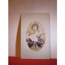 young girl with a dolly and teddy bear .unused antique postcard real photo =