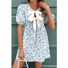 Sky Blue Floral Contrast Bow Puff Sleeve Mini Dress
