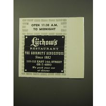 1960 Luchow's Restaurant Ad - Open 11:30 A.M. to Midnight
