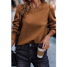 Brown Solid Color Quilted Puff Sleeve Pullover Sweatshirt
