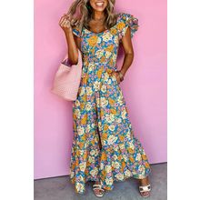 Yellow Floral Allover Print Shirred Cut Out High Waist Jumpsuit