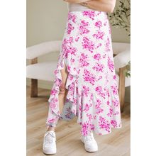 Rose Boho Floral High Waist Ruffle Split Maxi Skirt