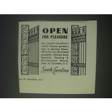 1946 South Carolina Tourism Ad - Open for Pleasure