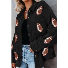 Black Sequin Rugby Pattern Buttoned Corduroy Shacket