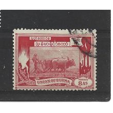 Burma.SG109 8a Ploughing paddy field with oxen (Red).Fine Used.Jul25l