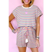 Pink Stripe Crew Neck Tee and Tasseled Drawstring Shorts Set