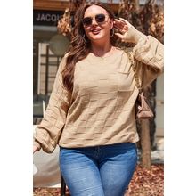 Light French Beige Solid Checkered Textured Knit Plus Size Sweater